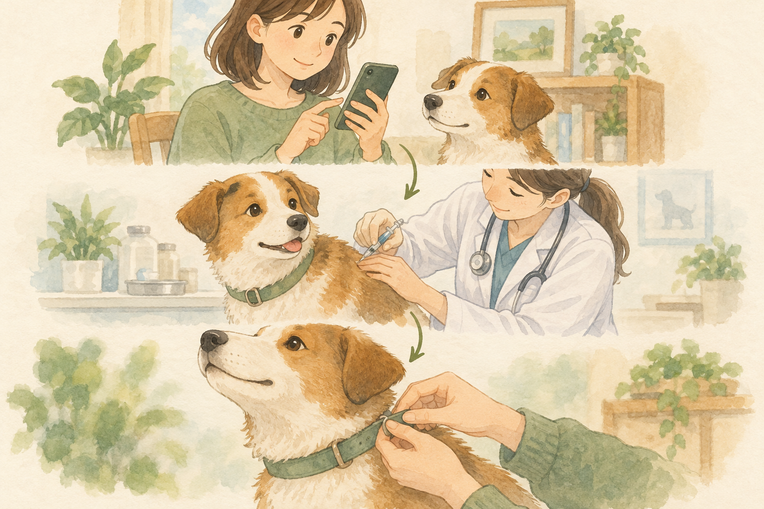 自治体の案内を確認し、犬に狂犬病予防注射を受けさせ、注射済票を装着するまでの流れ。集合注射を実施しない自治体もある。