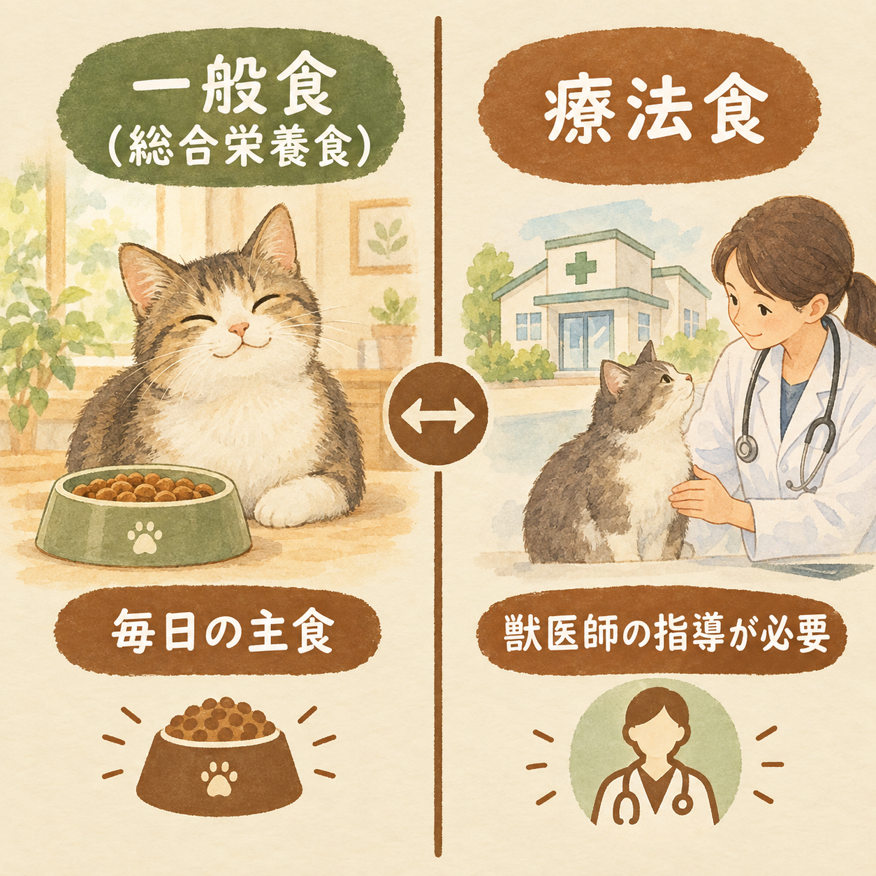 一般食(総合栄養食)と療法食の目的の違いと獣医師の指導の必要性