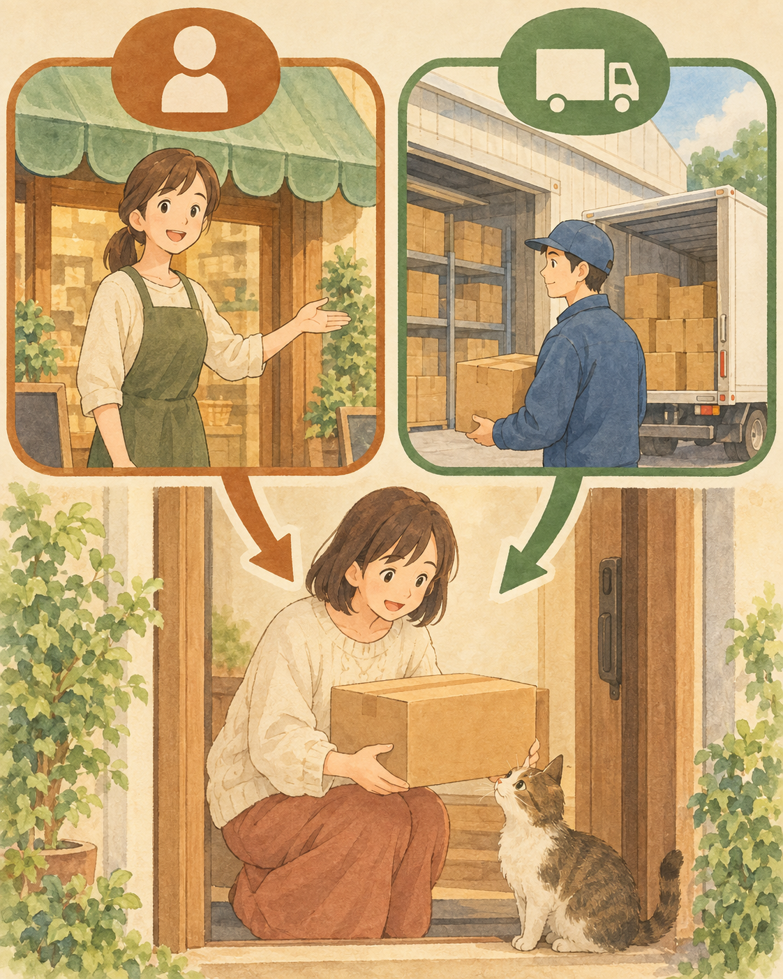 キャットフードを売る販売元と、発送する出荷元が別の役割として描かれ、1つの荷物が飼い主と猫のもとへ届く流れを示した図解イラスト
