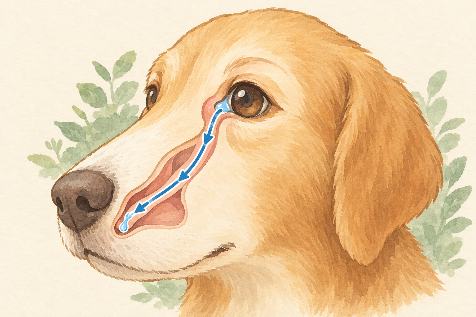 犬の頭部を斜めから見たイラスト。目の内側の角から鼻先へ細い管が伸び、涙が目から鼻へ流れる向きを矢印で示している。