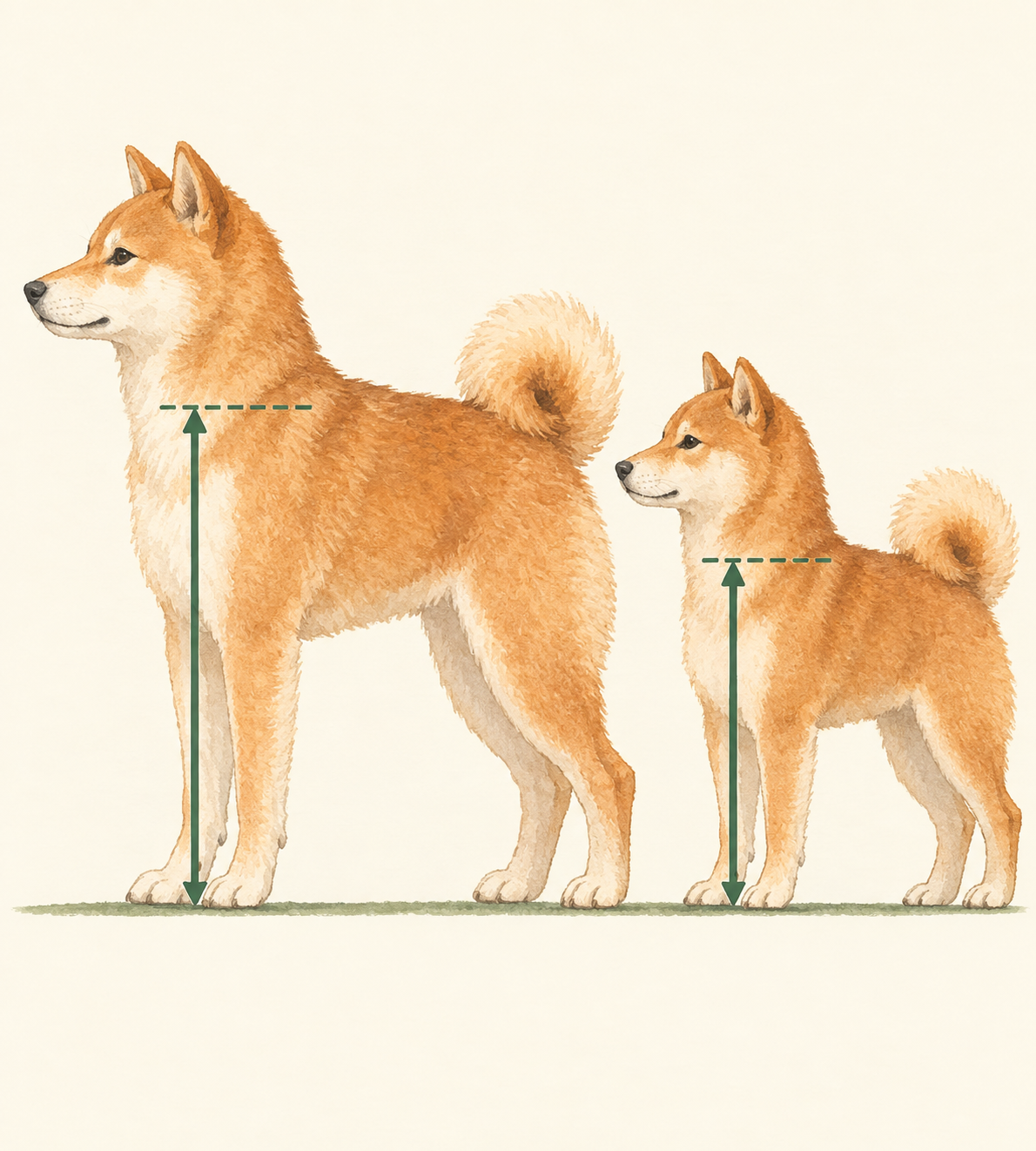 柴犬と豆柴を同じ地面に横向きで並べ、地面から肩までの高さ(体高)を線で示した比較図。豆柴の肩の位置は柴犬より低い。