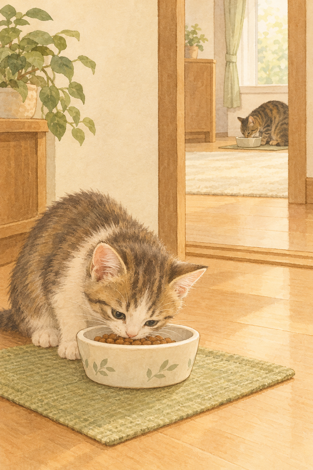 子猫が静かな場所で食事をし、先住猫は離れた別室にいる様子。食事場所を分ける工夫を示す図。