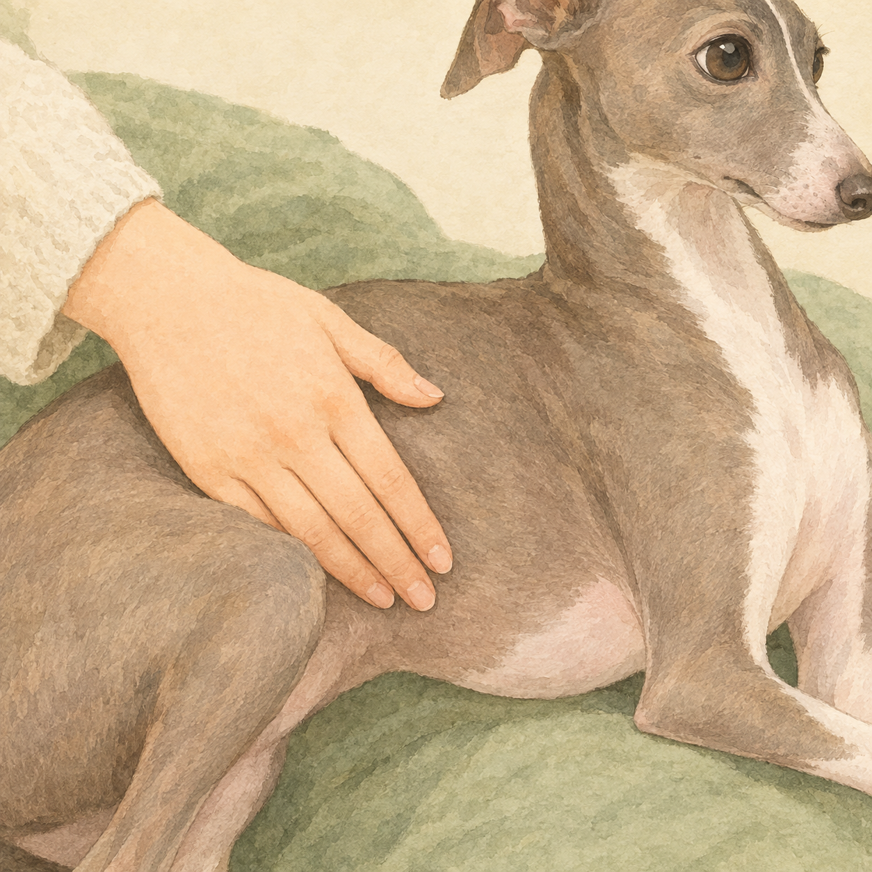 犬の胴体に手を当てて体格を確認している様子