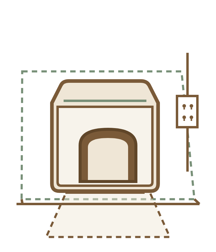 自動トイレの入口前と周囲に空間を確保し、電源の位置も確認するための配置図