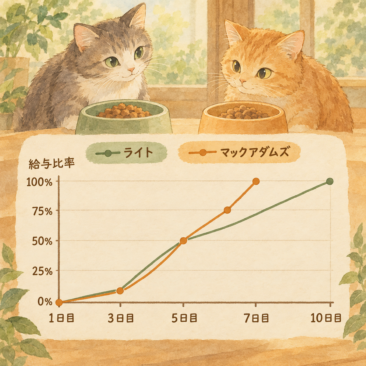 モグニャン ライトとマックアダムズの切り替えスケジュール比較グラフ。ライトは10日間、マックアダムズは7日間で新しいフードの給与比率を段階的に100%に上げていく推移を2本の折れ線で表示。