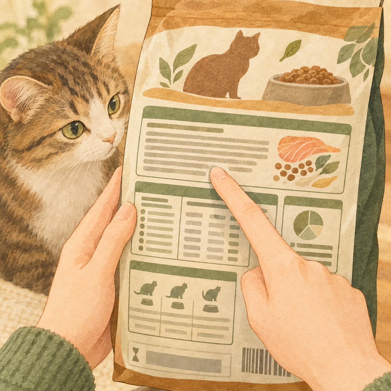 キャットフードのパッケージ裏面にある原材料・成分表示エリアを指差して確認する様子