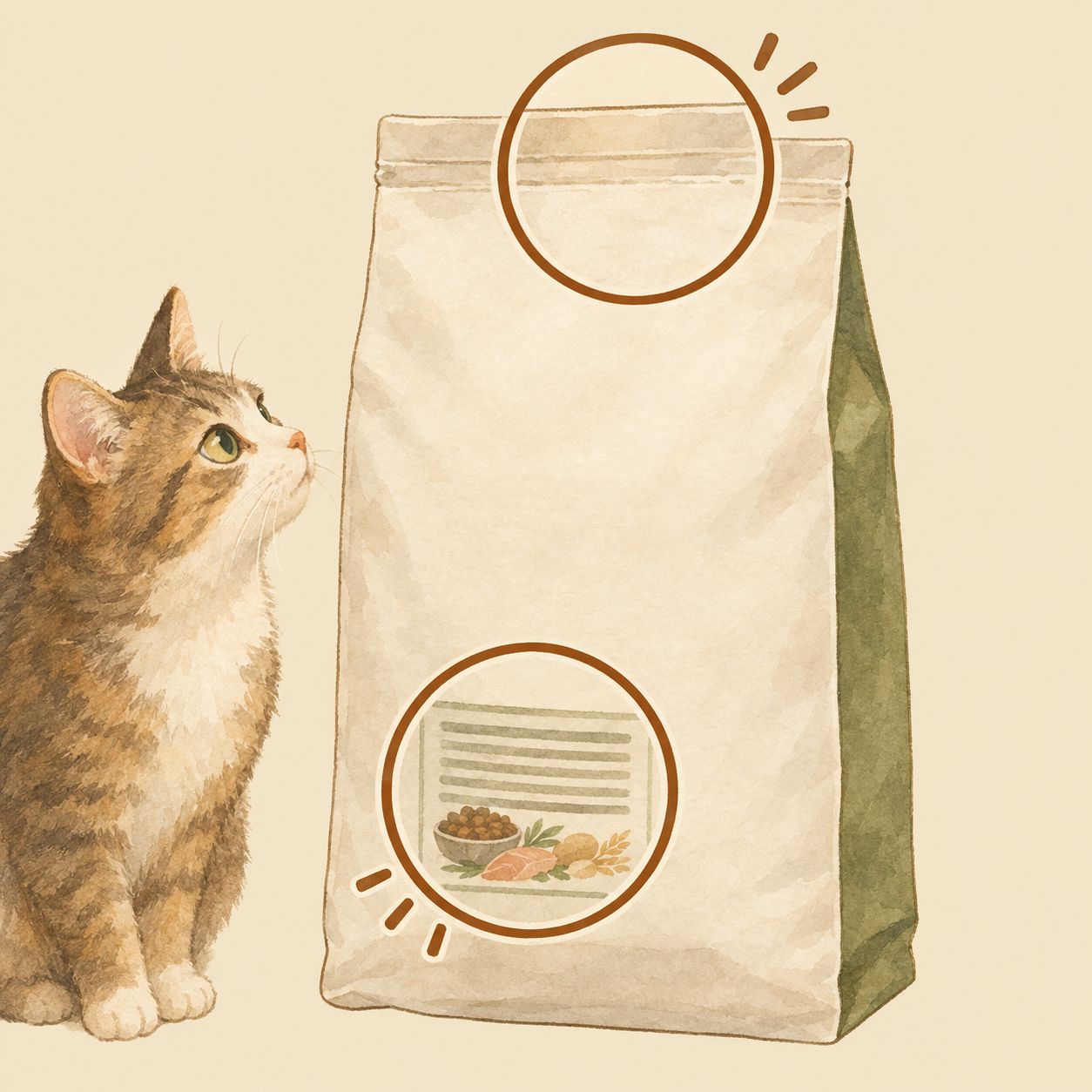 キャットフードのパッケージで賞味期限や原材料などを確認するイメージ