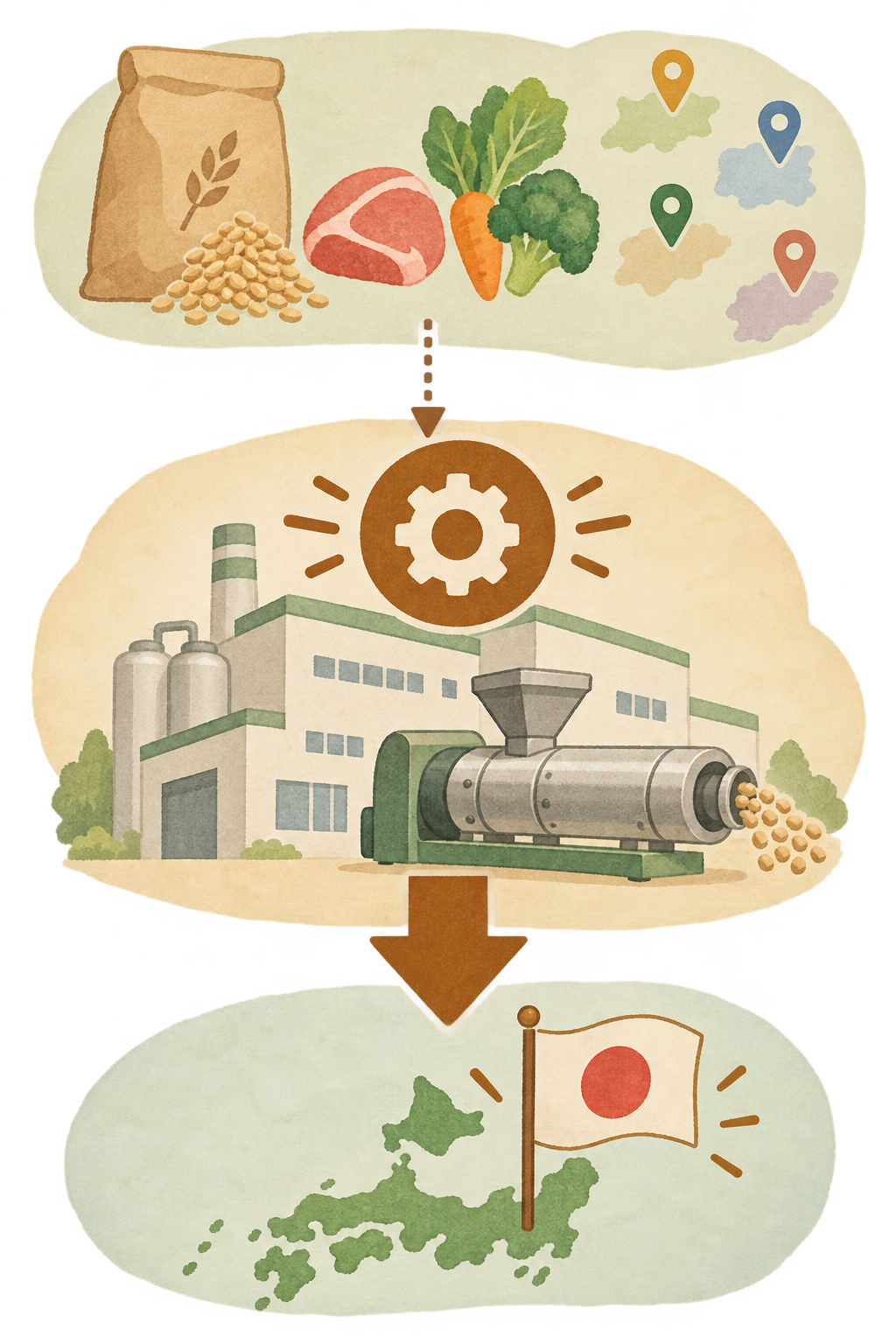 原材料が点線の矢印で工場に入り、工場から日本の旗へ太い矢印が伸びる図。国産表示は最終加工地で決まり、原材料の産地とは別であることを示している。