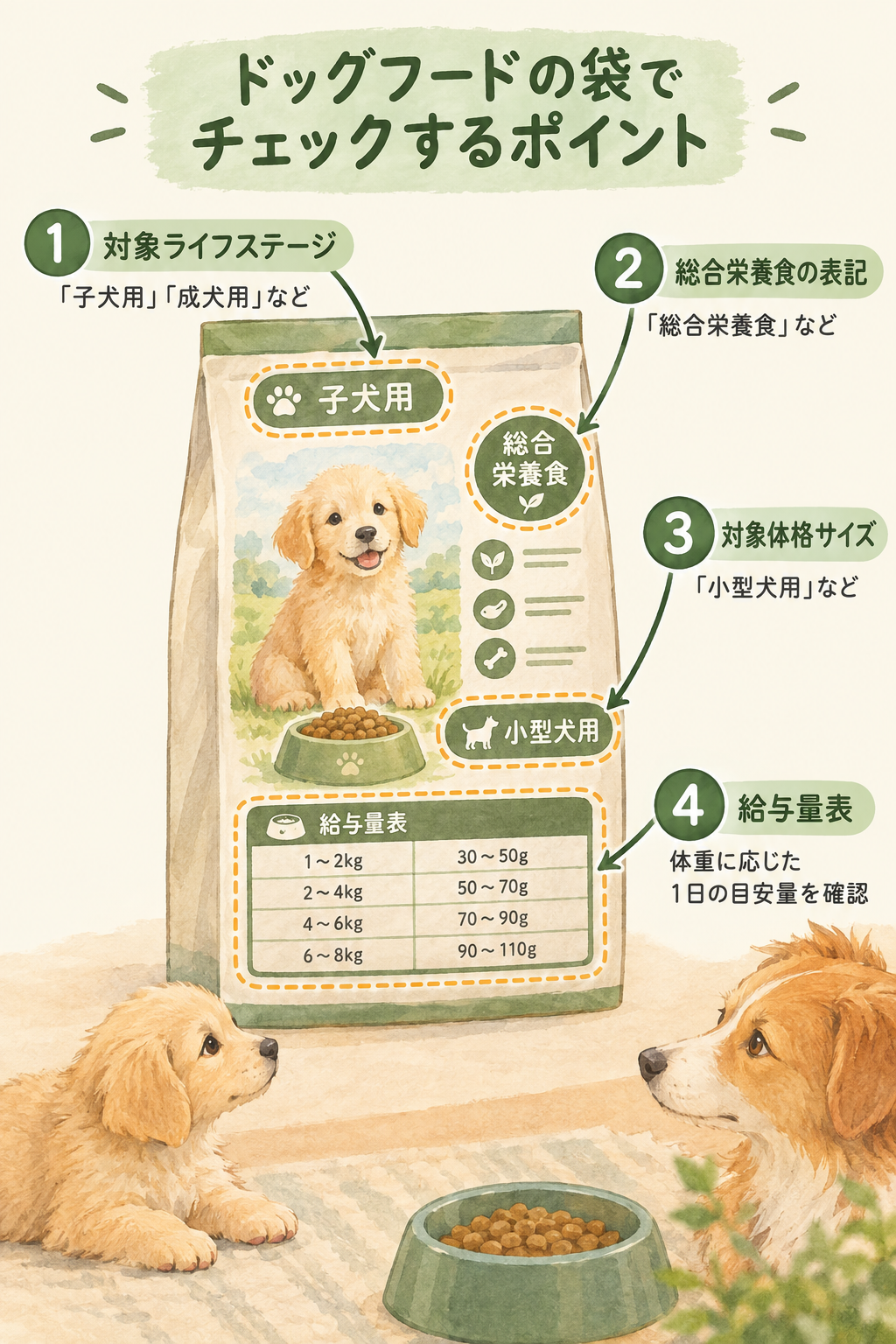 ドッグフードパッケージの確認ポイント図。袋の正面に『対象ライフステージ』『総合栄養食』『対象体格』『給与量』などの確認箇所を矢印で示す。
