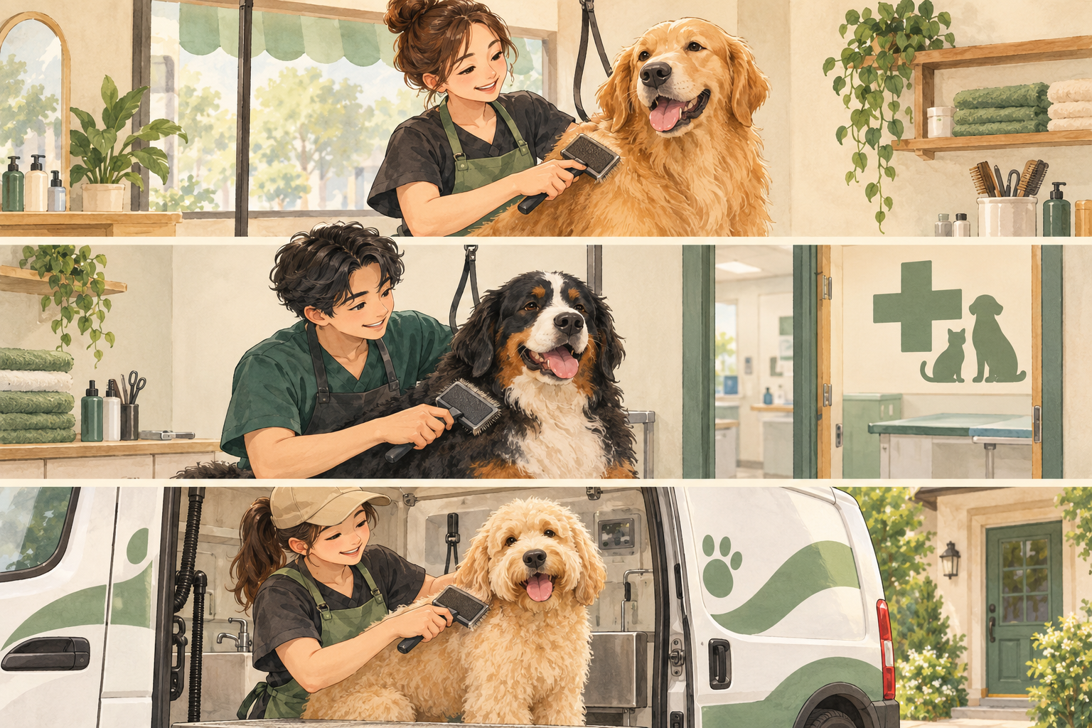 犬がサロンの店内、動物病院併設の施術室、自宅前のトリミングカー内で、それぞれお手入れを受ける場所の違いを示した図。
