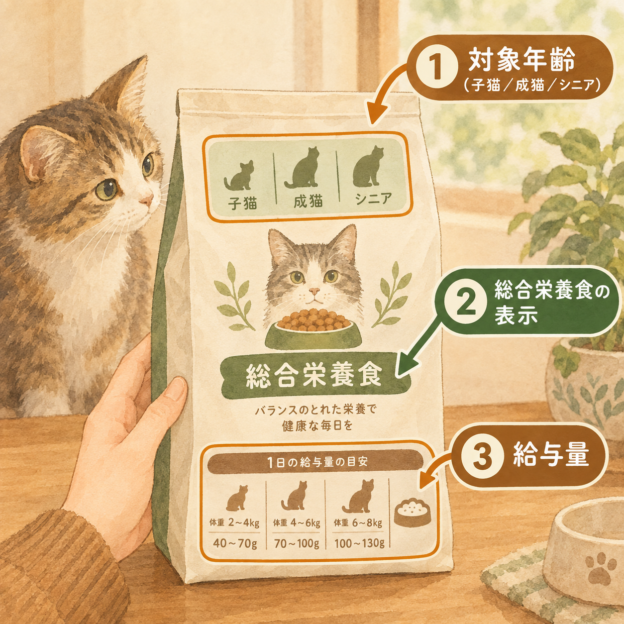 フードパッケージの確認ポイント図解。パッケージ表面に矢印と番号で示した3つの確認項目：①対象年齢層の表記、②『総合栄養食』の表示位置、③給与量（給与目安）の表記位置。スマホでは上下に読める構成。