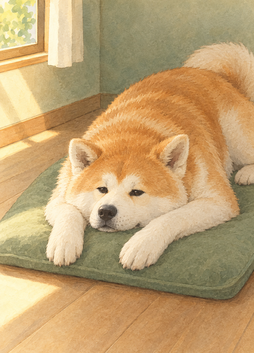 窓からの直射日光を避けた室内のマットで、体を伸ばして休む秋田犬