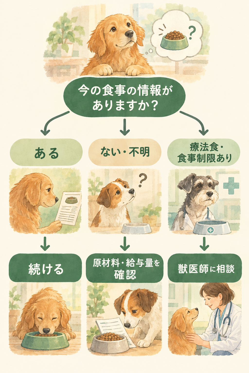 食事の見直しが必要かを判定するフロー図。情報の有無と療法食の有無で分岐し、読者が次のステップを判定する。