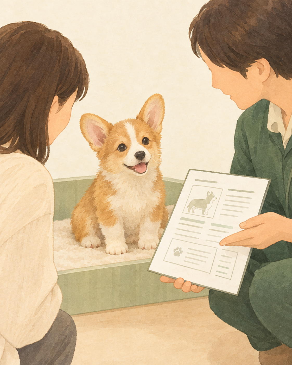 販売事業者の事業所で、購入を検討している人がウェルシュコーギー・ペンブロークの子犬を直接見ながら、スタッフから書類を使った説明を対面で受けている様子のイラスト