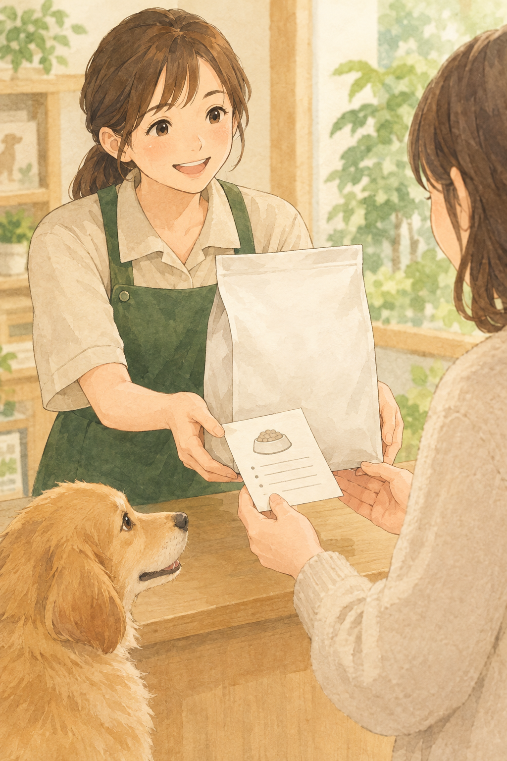 迎える前に、現在のフードと食事内容の記録を販売店から引き継ぐイメージ。銘柄、量、回数、時間などは書面で確認する