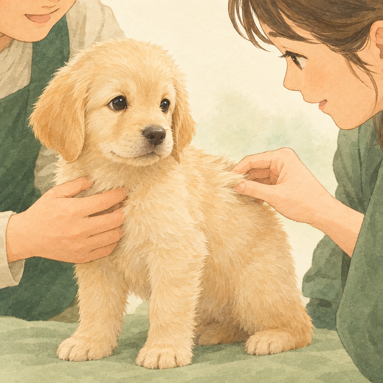 見学者が飼育者の案内を受けながら、子犬の被毛を近くで確かめている説明用イラスト。