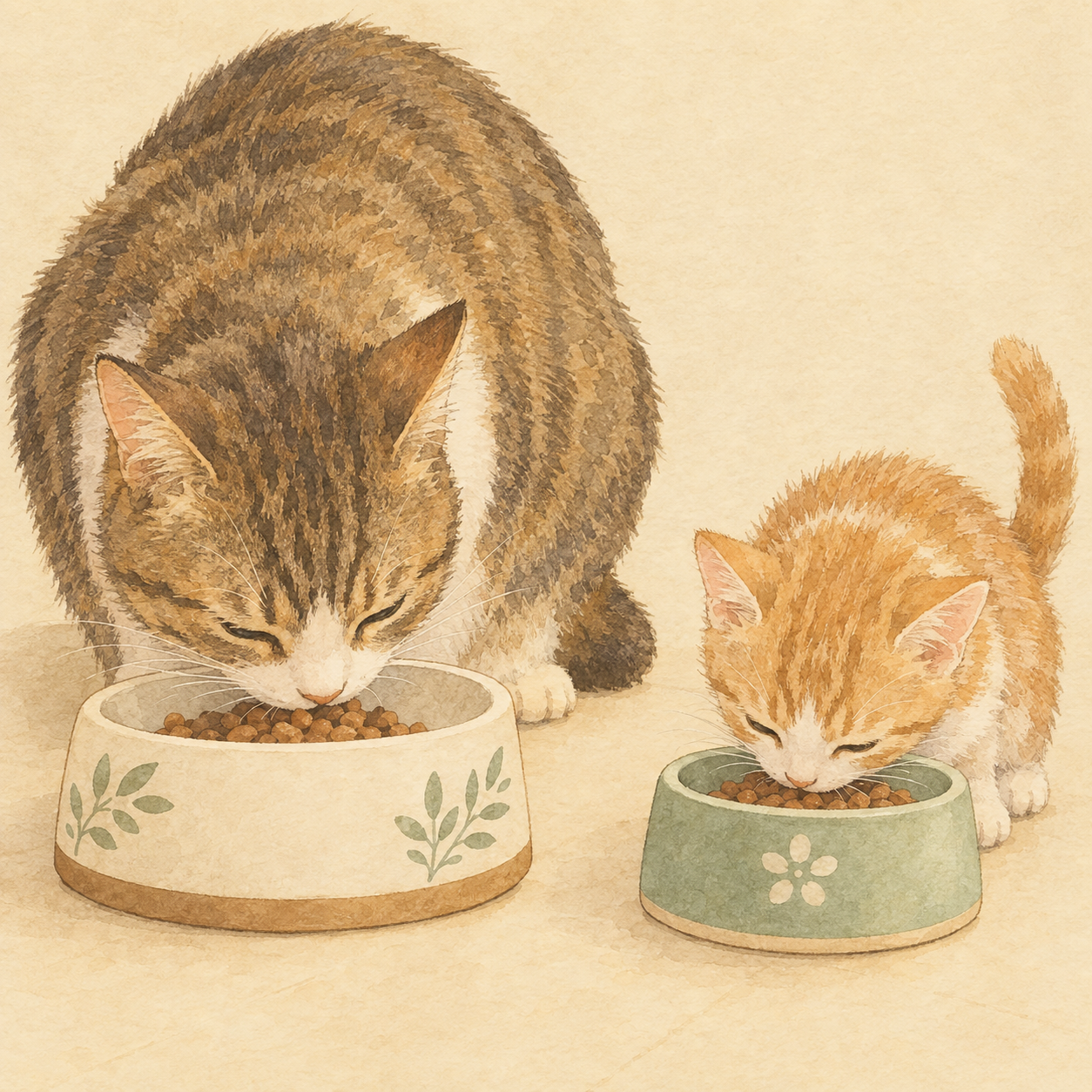 体格の異なる2匹の猫がそれぞれ専用の別々のフードボウルで食事をしている様子