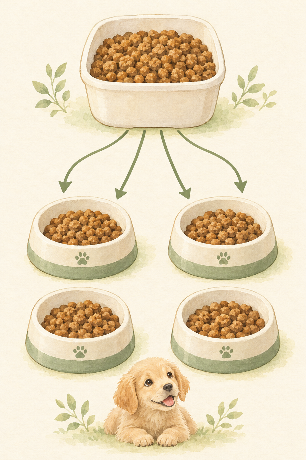 1日分のフードを4つの食事に分けるイメージ。子犬の食事回数と量は、フードの表示や体調を確認して調整する。
