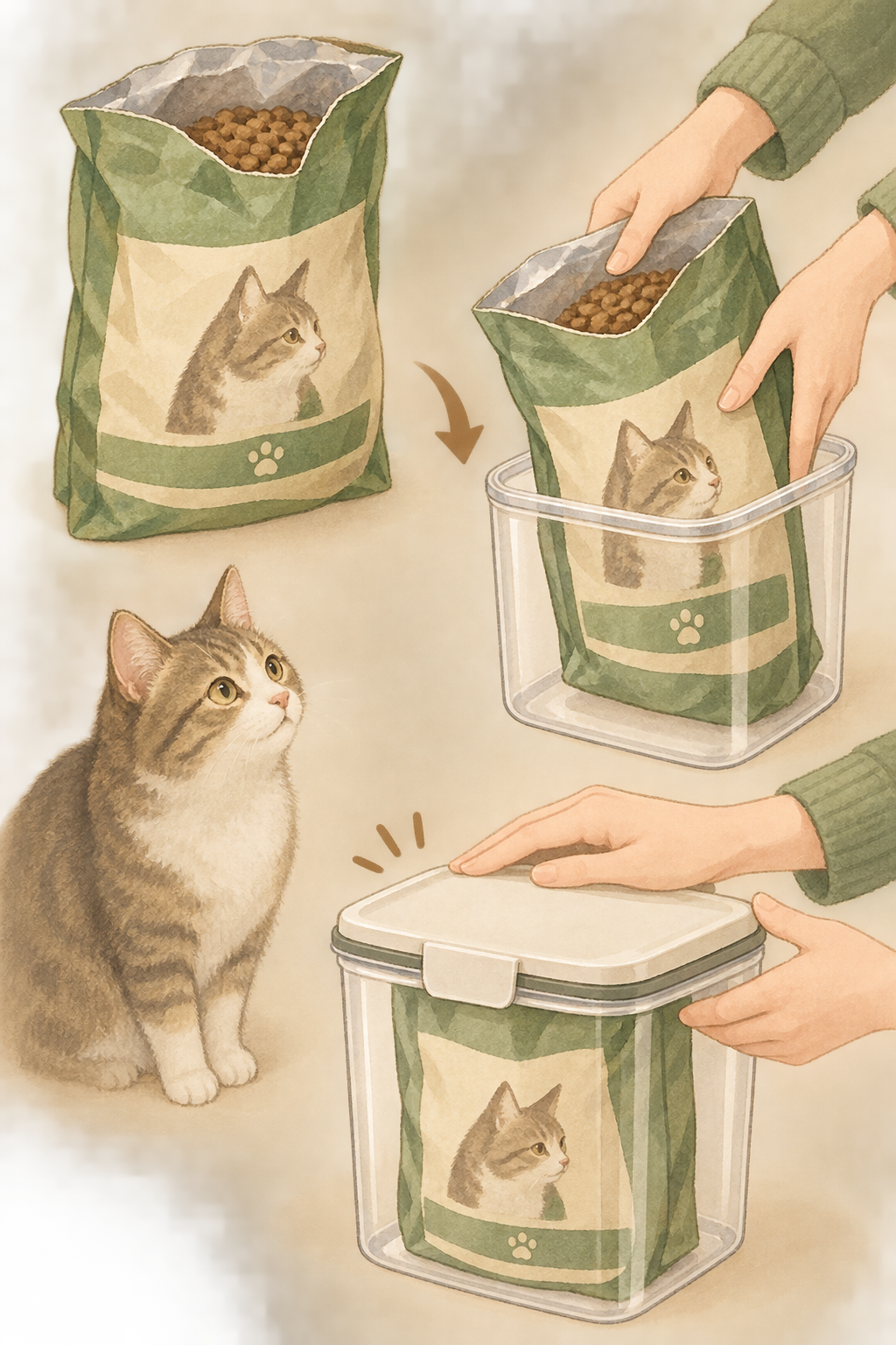 開封したキャットフードの袋を、袋ごと密閉容器に入れてふたを閉める様子