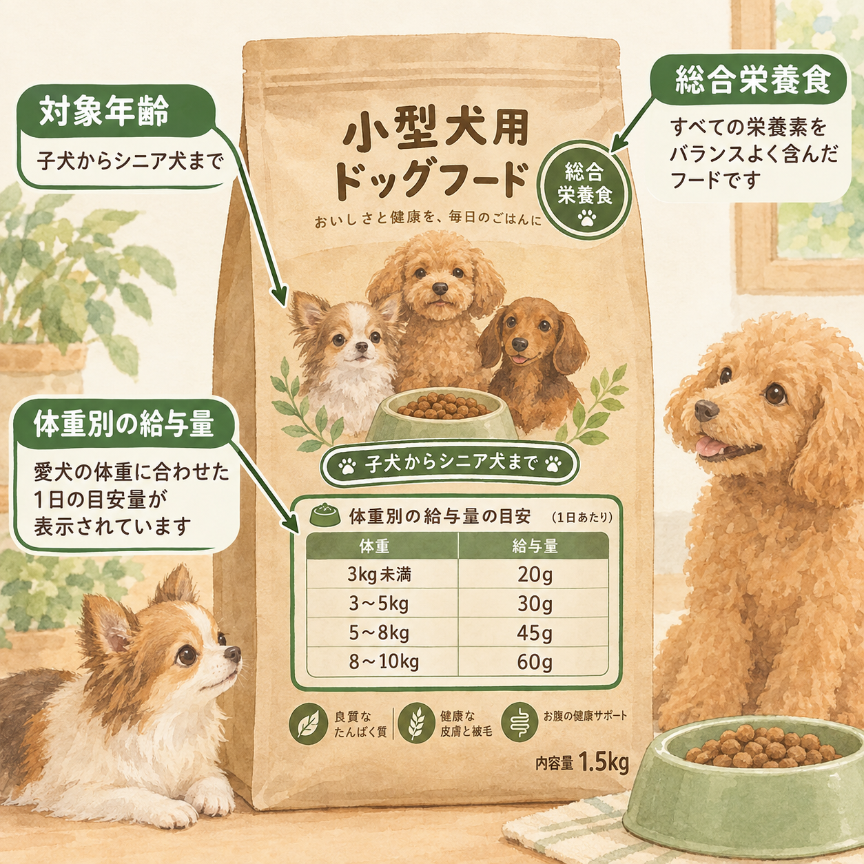 ドッグフードパッケージの表面で、体重別給与量表・対象年齢・総合栄養食表示の3つの表記部分が見えるシーン