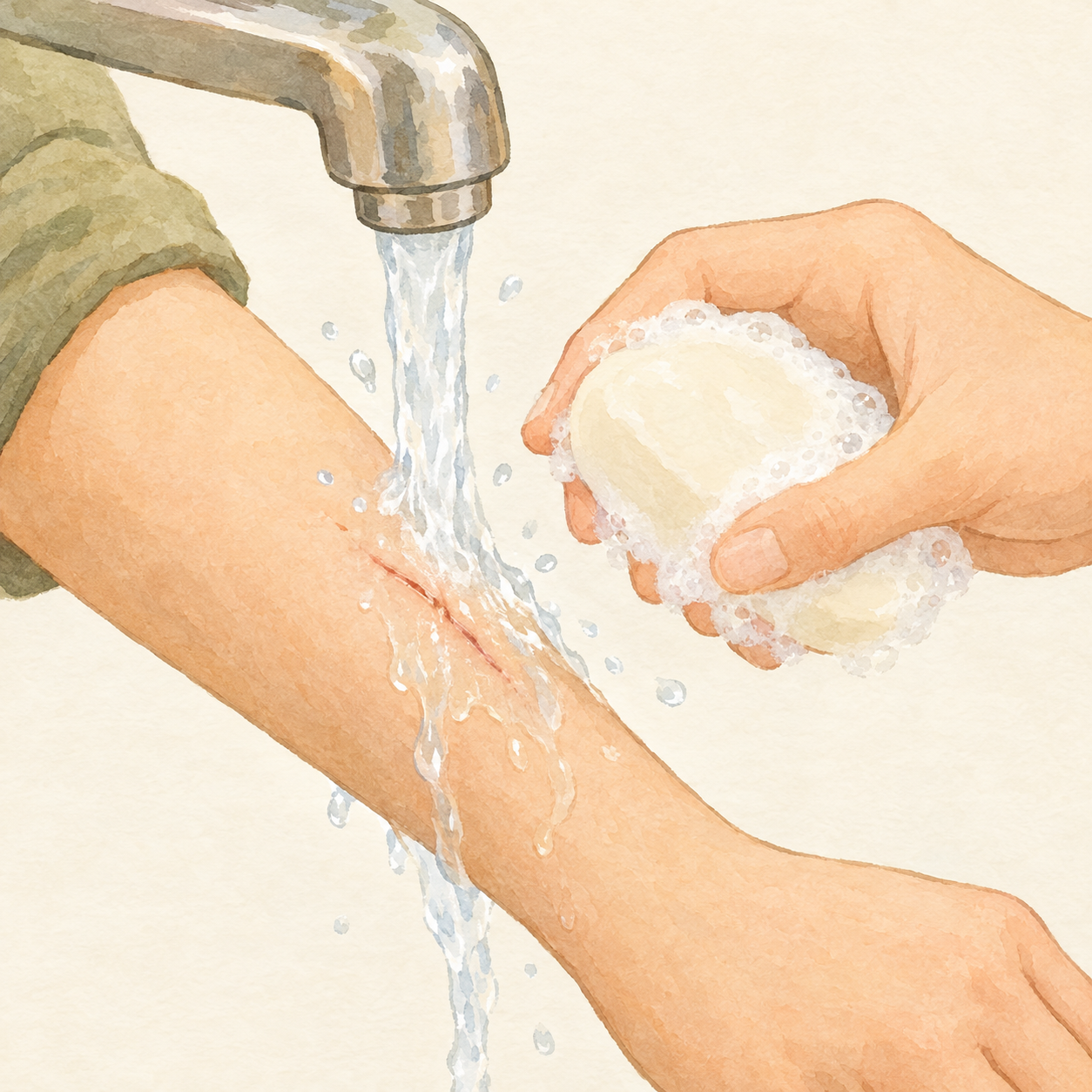 前腕の小さな引っかき傷を、石けんを持つ手で水道の流水の下で洗っているイラスト。