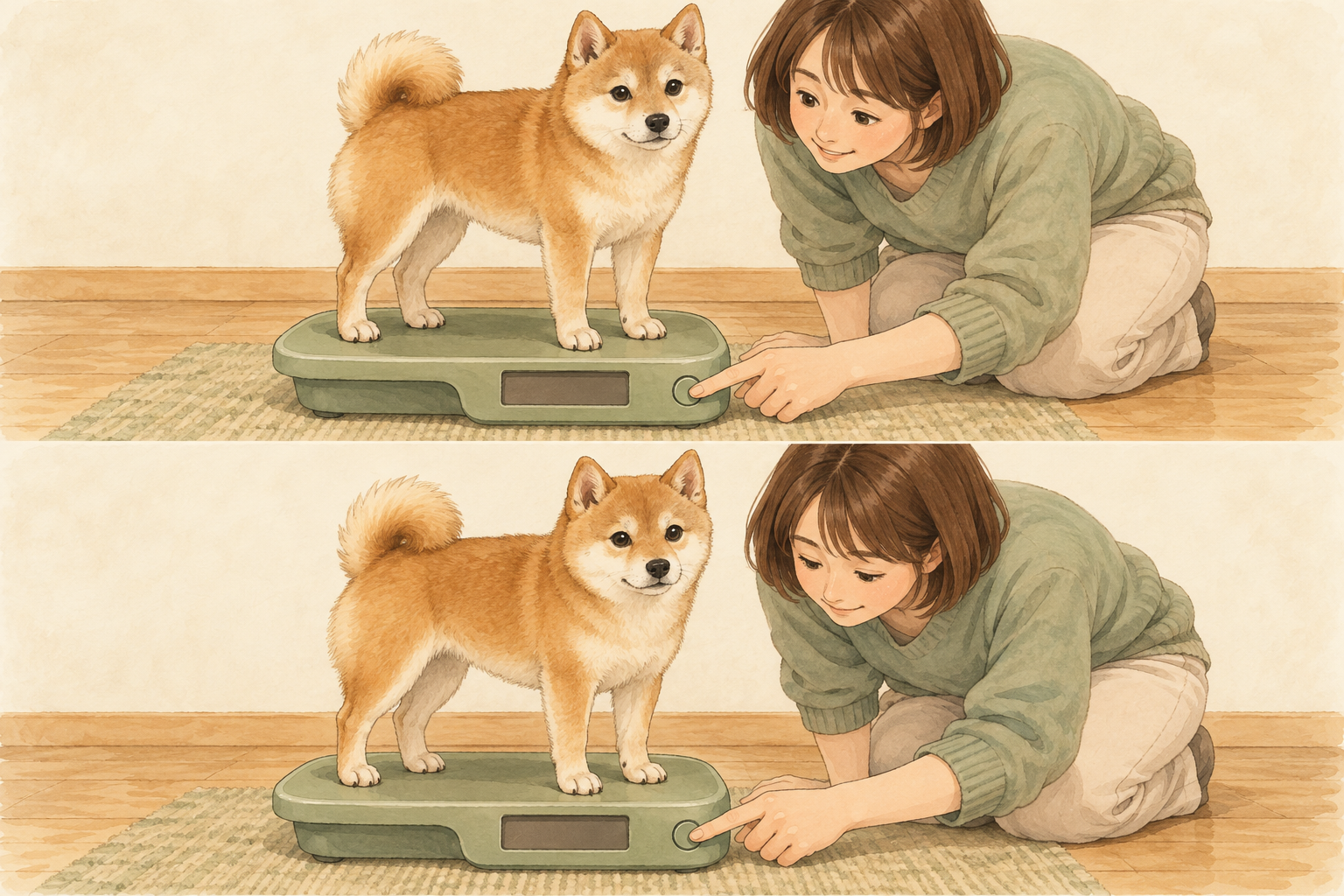 同じ体重計で小型犬の体重を測る様子。毎回条件をそろえて記録するイメージ。