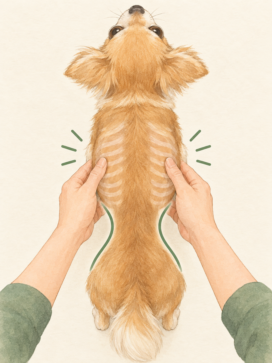 真上から見たチワワの肋骨付近に飼い主が両手を添えて体型を確認している様子