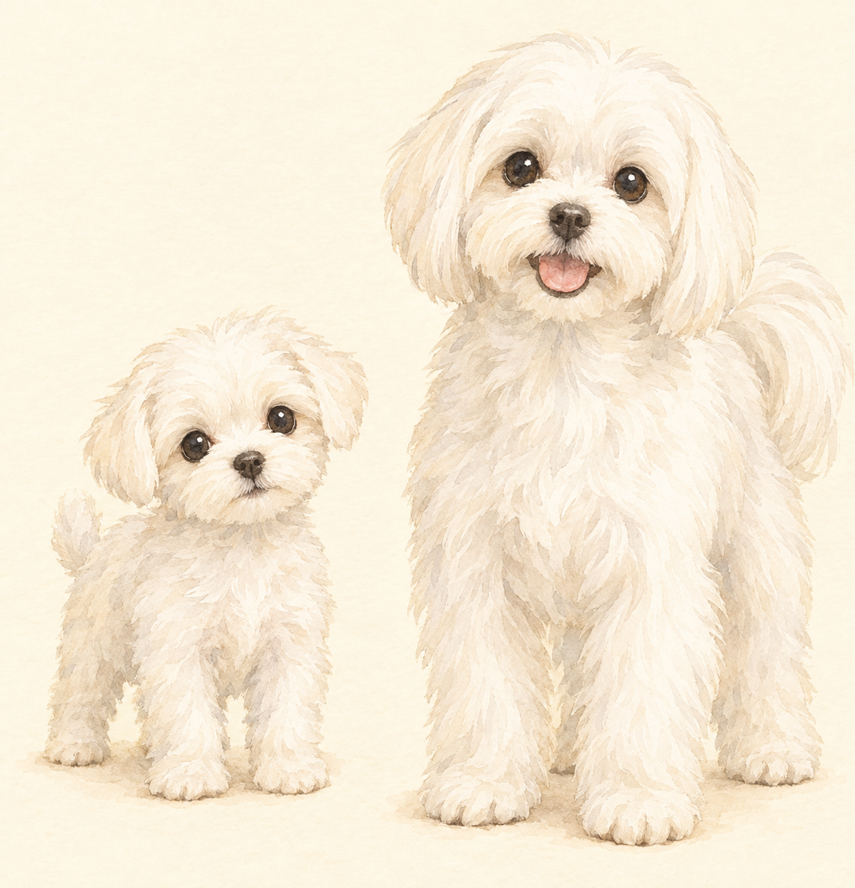 白い背景で、小さめのマルチーズの子犬と、より大きく育った成犬のマルチーズが並んでいるイラスト。子犬から成犬へ体が育つ流れを示している。