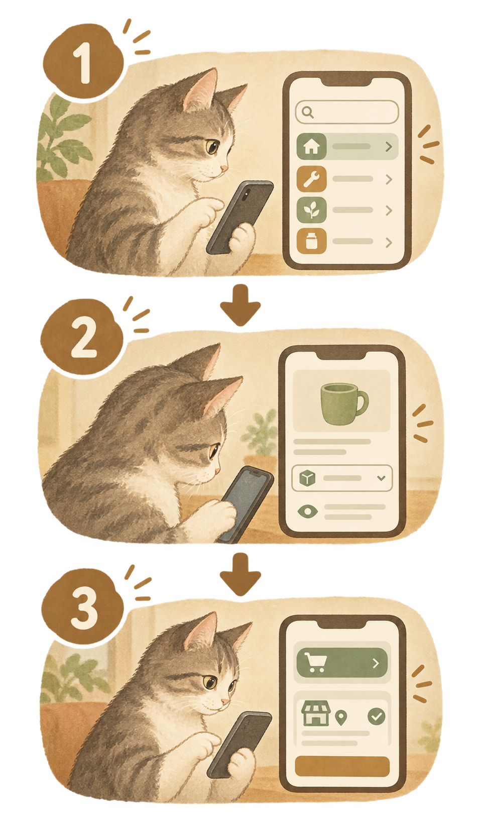 DCMオンラインで猫用フードを探す3つの手順の流れ図。第1ステップ:検索画面でカテゴリから対象の分類を選ぶ。第2ステップ:商品ページで用途・内容量・表示を読む。第3ステップ:購入方法を選び、店舗在庫を確認する。矢印で上から下へ繋がる。