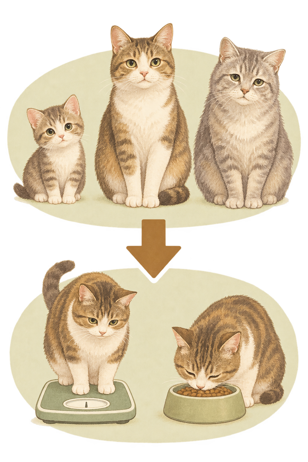 オールウェルの種類の選び方を示す図。上段に子猫・成猫・高齢猫の3匹が並び、矢印の先の下段に体重計に乗る猫とフードを食べる猫が描かれ、年齢の次に気になる健康ケアで選ぶ流れを表している。