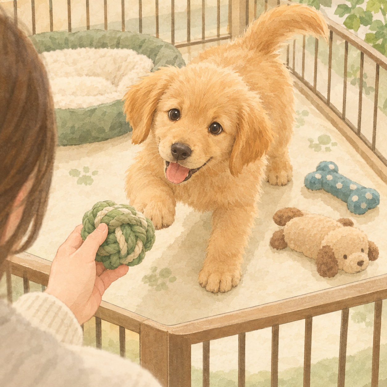 見学時にゴールデンレトリバーの子犬の動きや反応を観察する様子