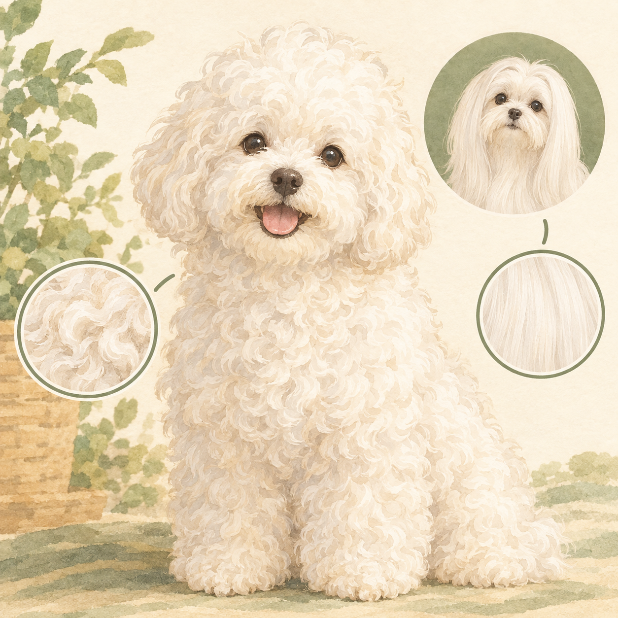 ゆるい巻き毛とボリュームのある被毛を持つ白い犬
