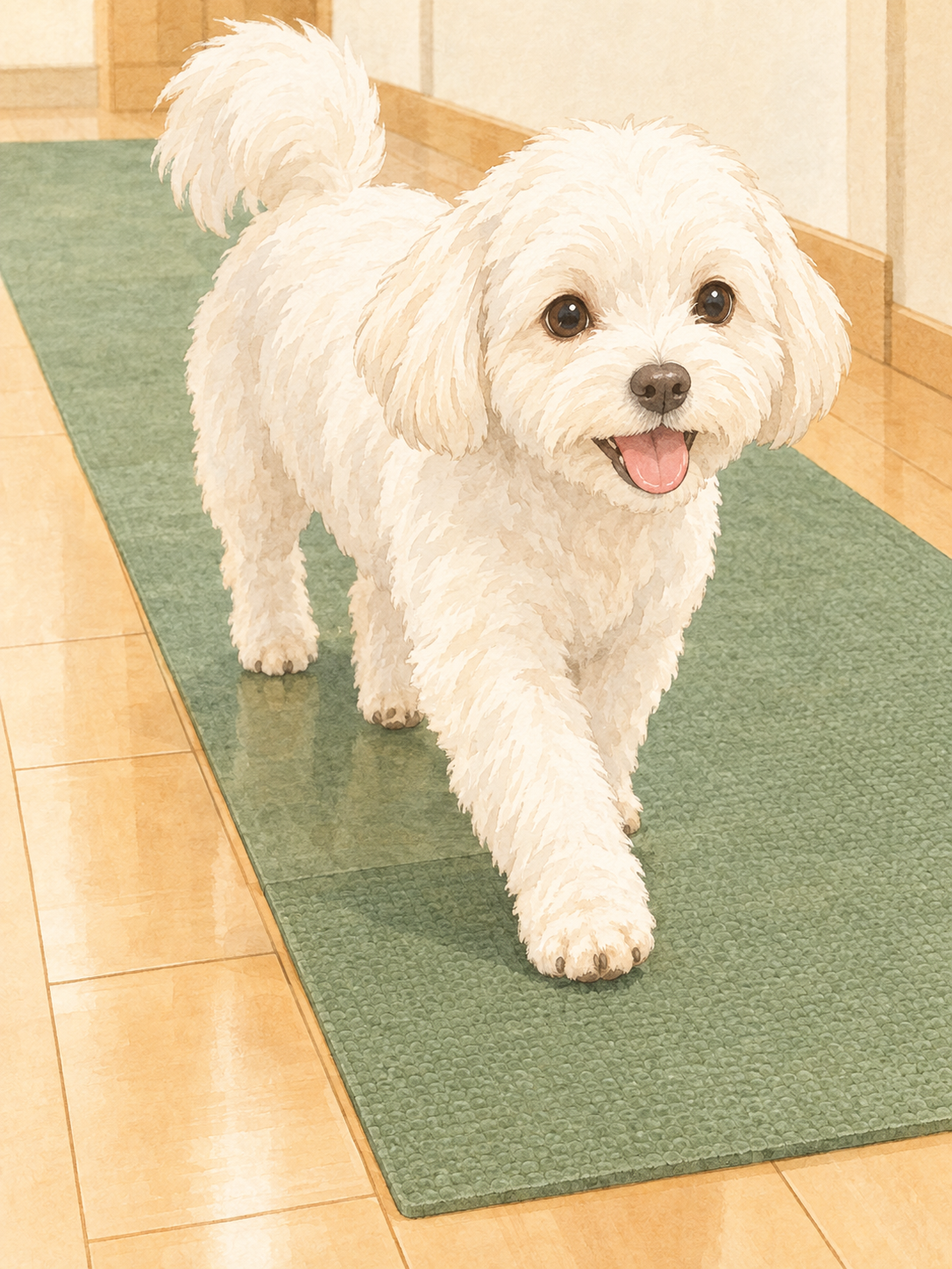 室内のフローリングに滑り止めマットを敷き、その上を歩く小型犬。