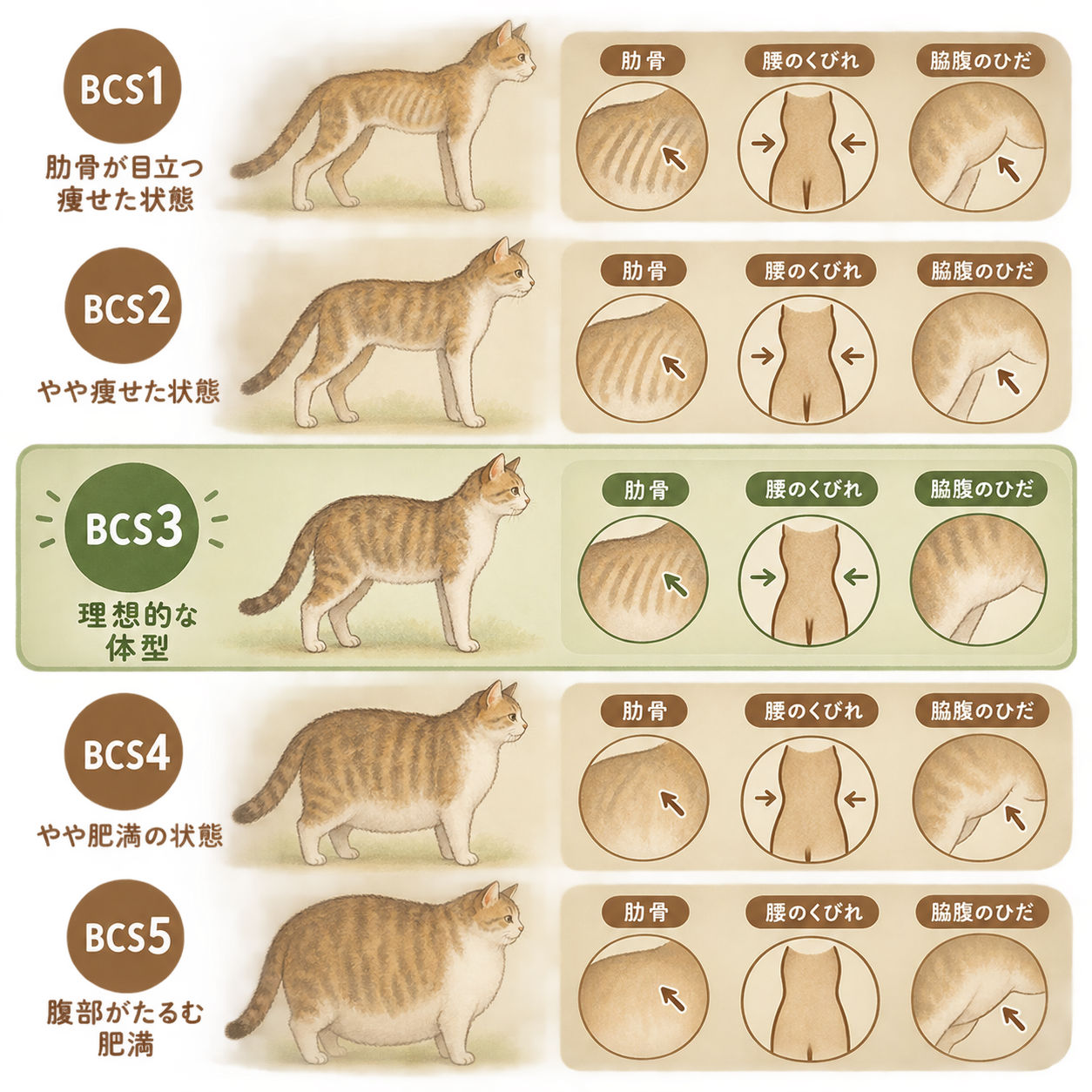 猫のボディコンディションスコア(BCS)5段階の判定方法。BCS3が理想的で、肋骨が軽く触診できる状態。BCS2以下は痩せ気味、BCS4以上は太り気味を示す側面図。