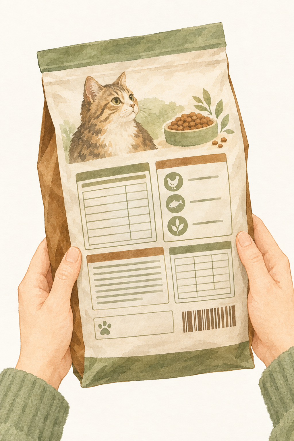 キャットフードのパッケージ裏面を両手で持って確認している様子