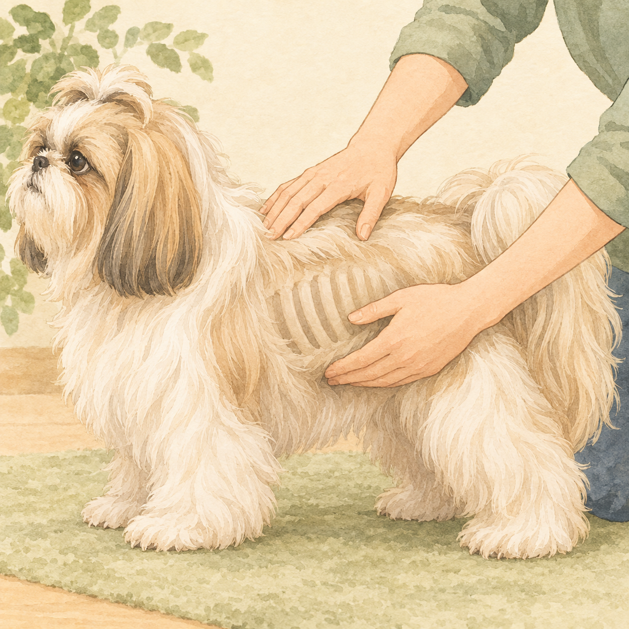 被毛の長い小型犬に手を当てて体を触っている様子。触診により見た目では分からない体型や骨格を確認できることを示す。