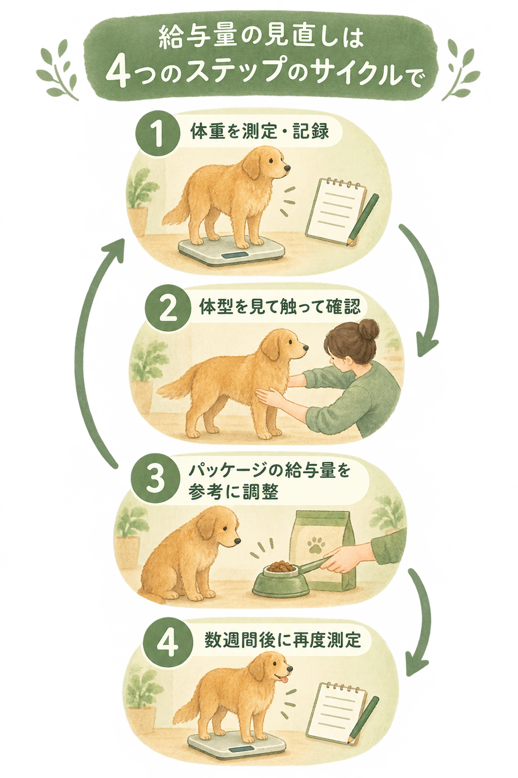 体重記録、体型確認、給与量調整、再測定が矢印でつながるサイクル図。継続的に観察と調整を繰り返すプロセスを示す。