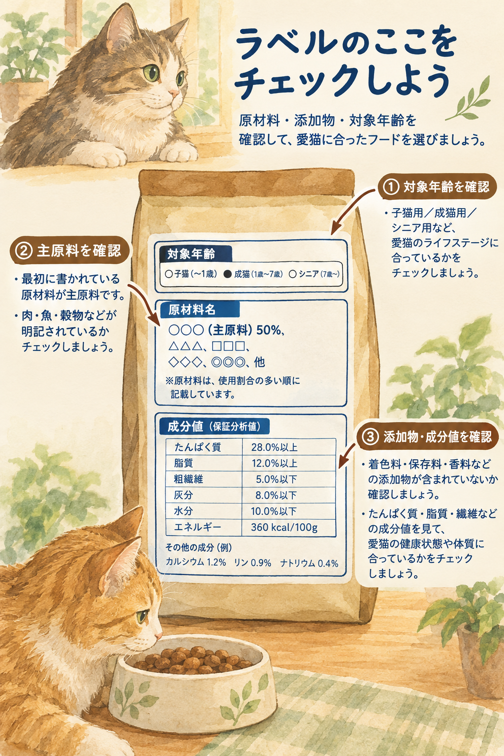 ペットフード原材料表示ラベルの見方。上部に対象年齢、中央に主原料と割合、下部に成分値を示す3つの確認ポイント