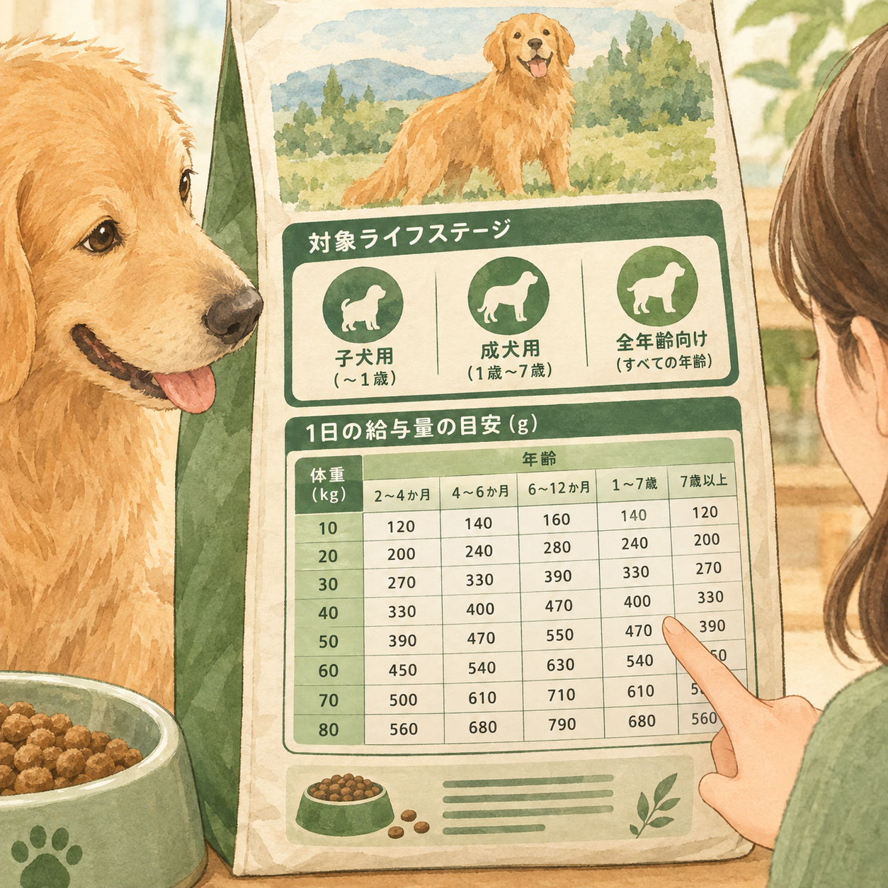 ドッグフードパッケージの給与量表。体重別・年齢別の給与量がグラム単位で記載された表と、子犬用・成犬用など対象年齢を示すラベル