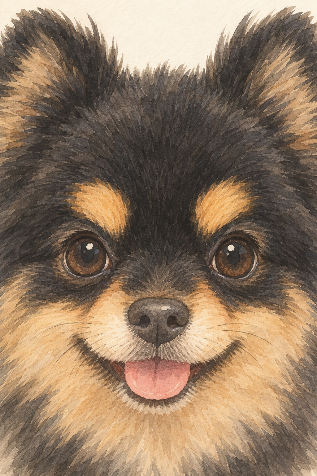 両目の上に明確な茶色のマーキング(タン・ポイント)が入った黒系のポメラニアンの顔