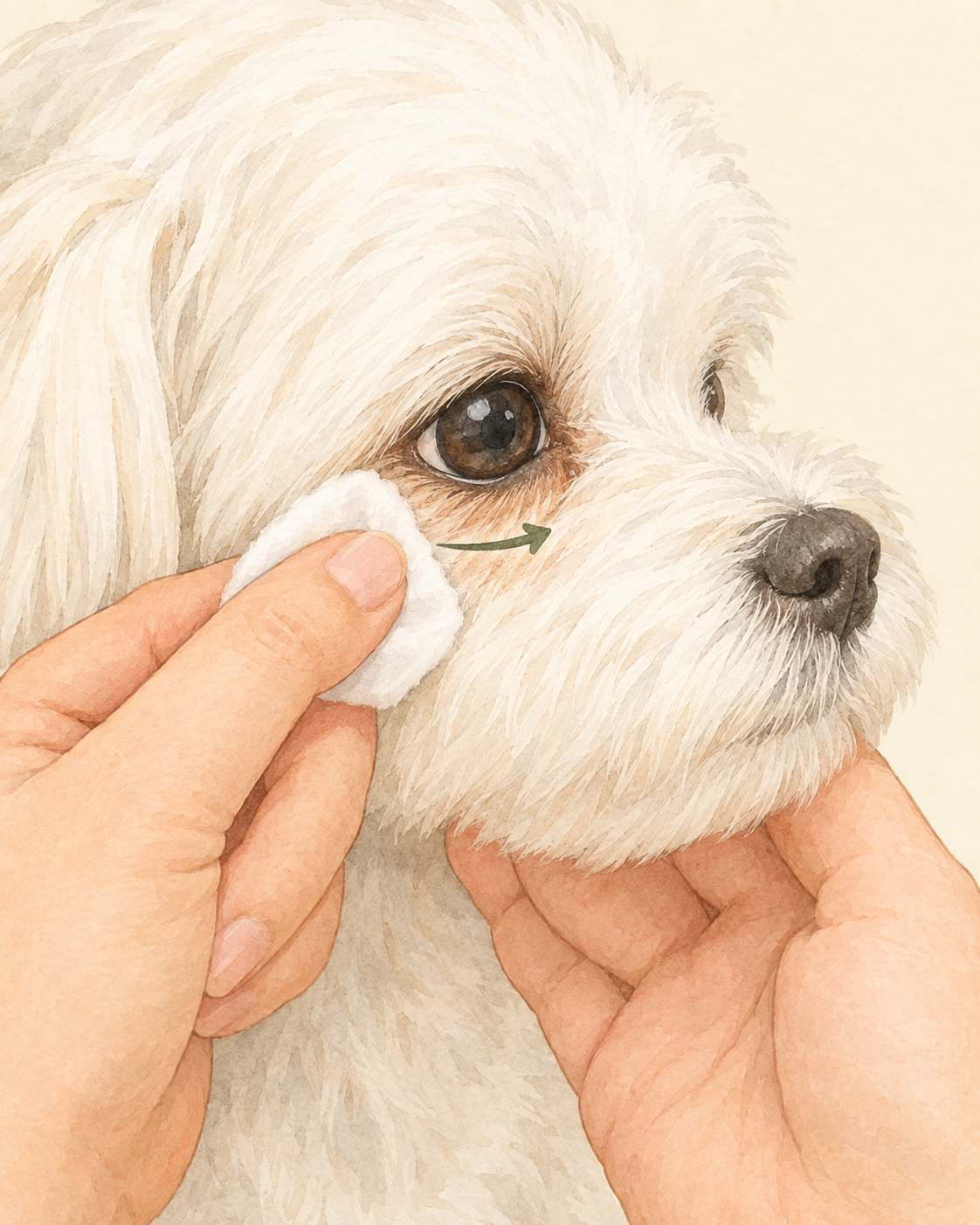 飼い主がマルチーズのあごを片手で支え、湿らせたコットンを目に触れない位置で目の下の被毛に軽く当てて汚れを取り除いている様子
