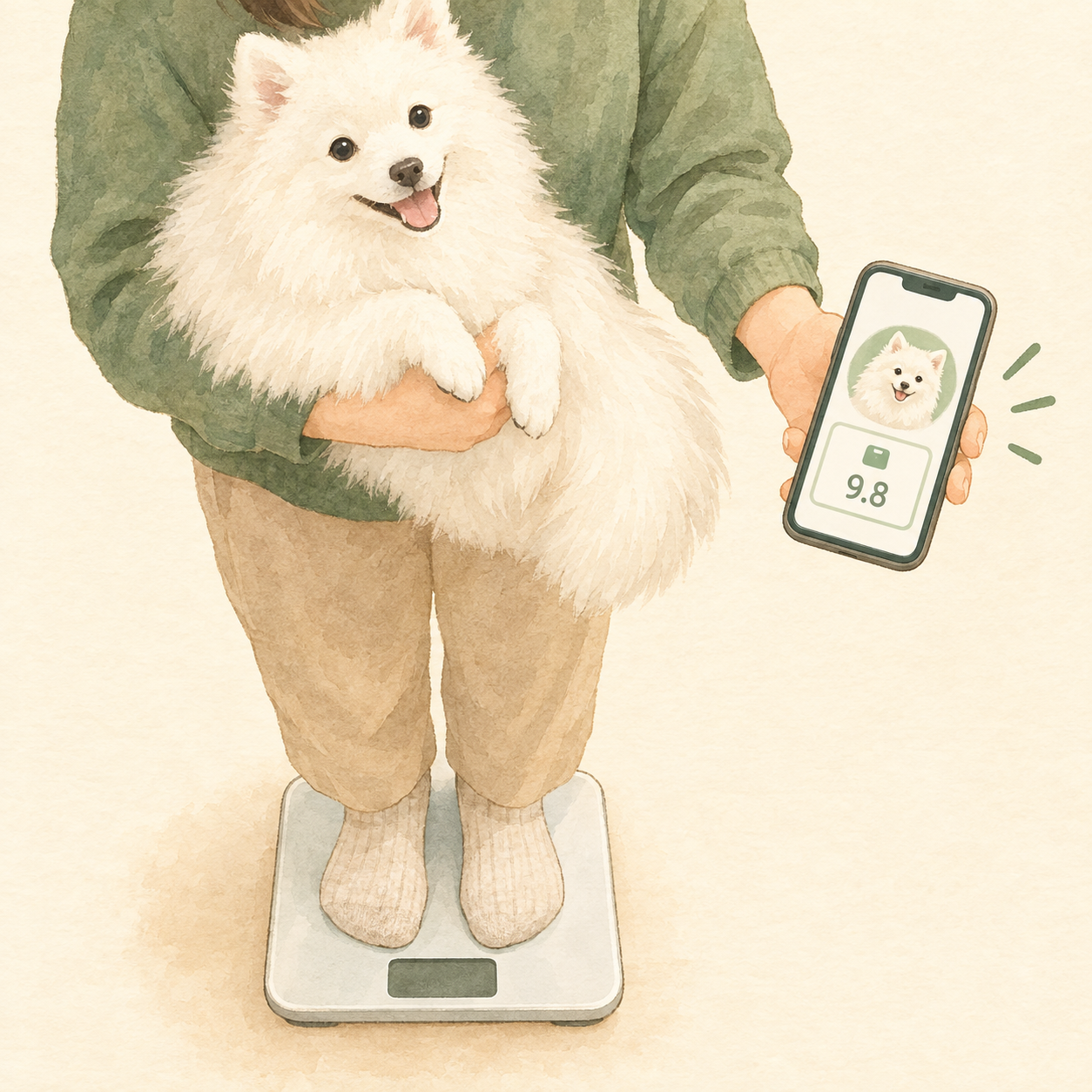 犬を抱っこして体重計に乗り、スマホで記録をつける様子のイメージ