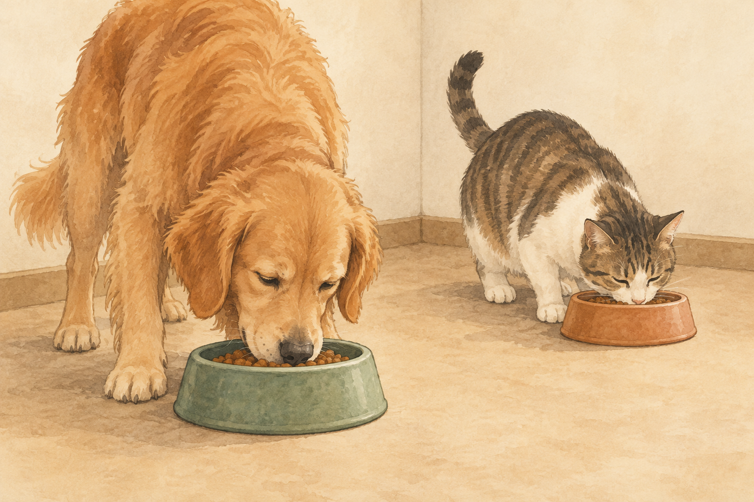 室内の離れた場所で、犬と猫がそれぞれ別の器から食べているイラスト。