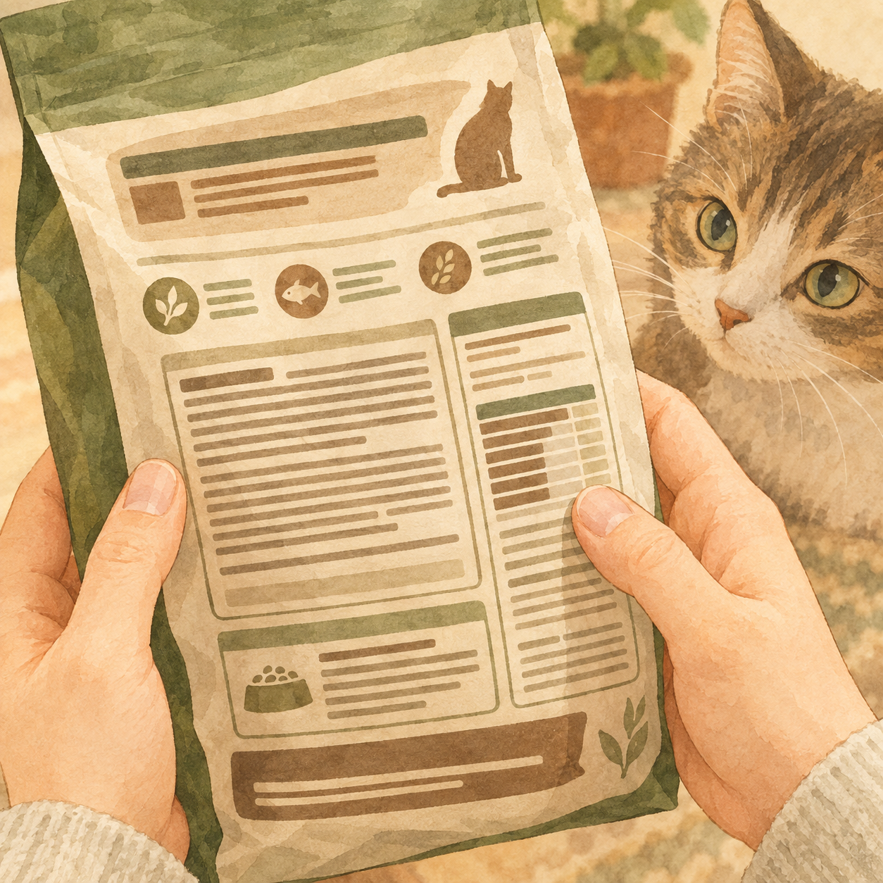 キャットフードのパッケージ裏面にある表示を確認している飼い主の手元