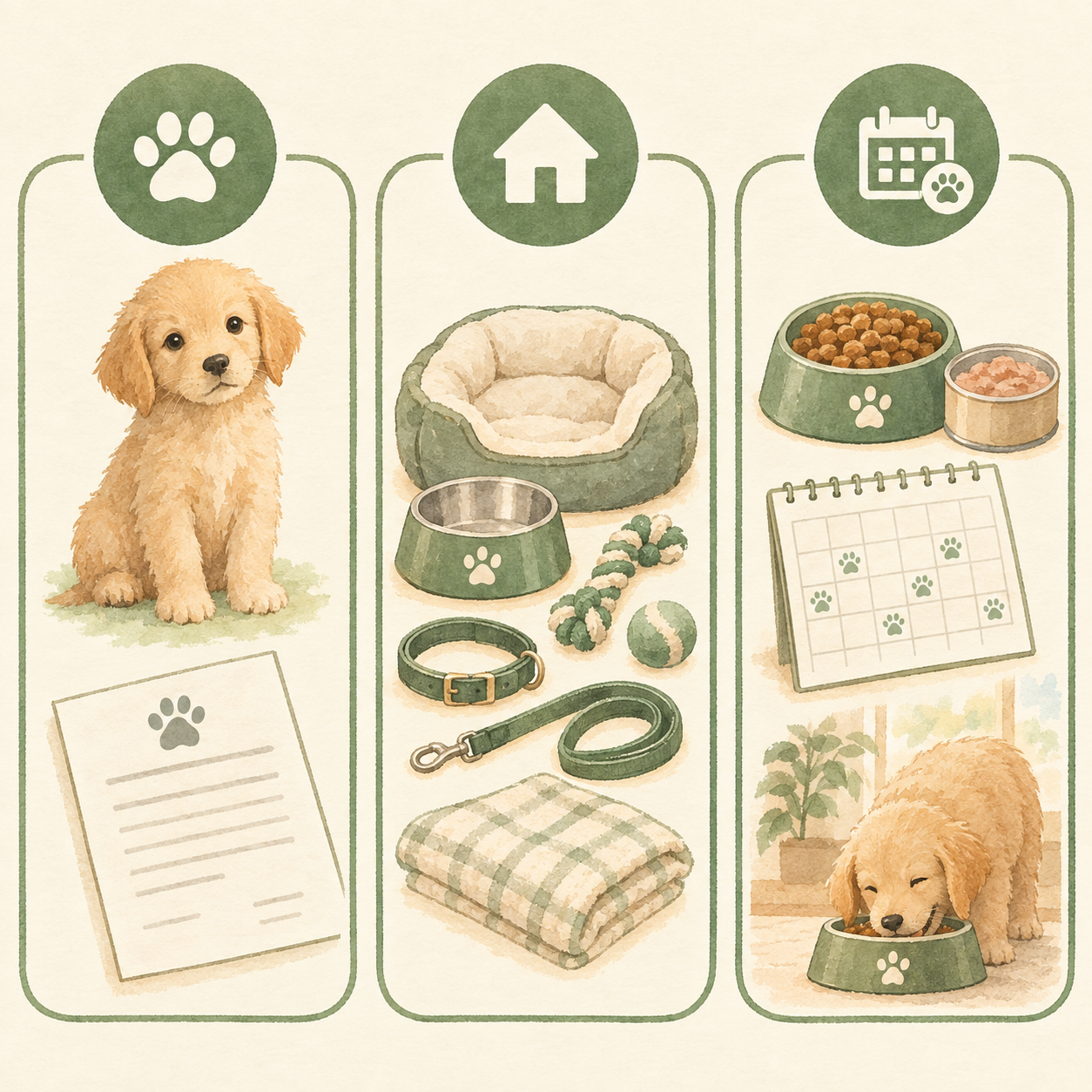 子犬の購入費、迎えるための用品費、迎えた後の継続費用を分けて考えるイラスト。
