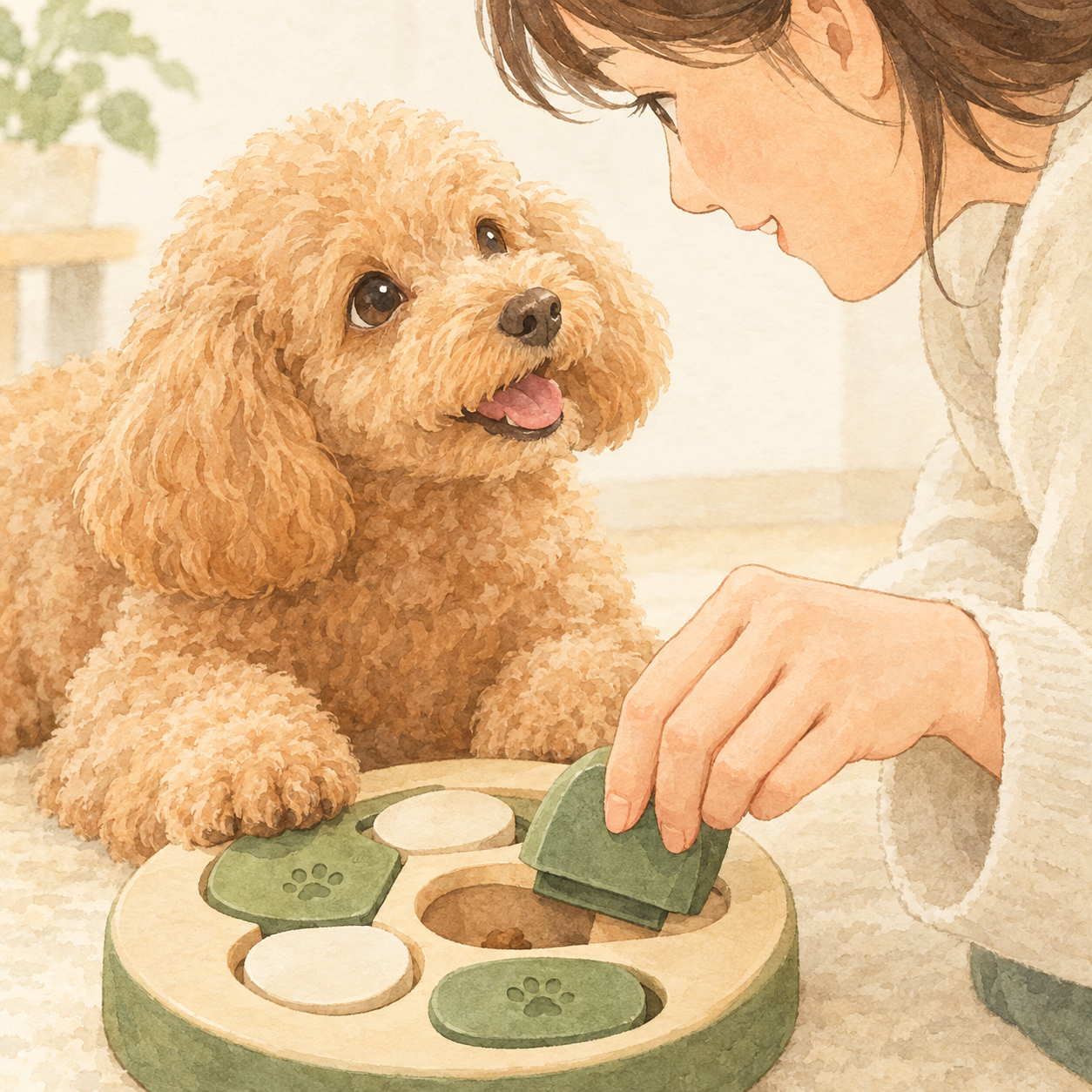 室内でおもちゃを使って飼い主と遊ぶプードル
