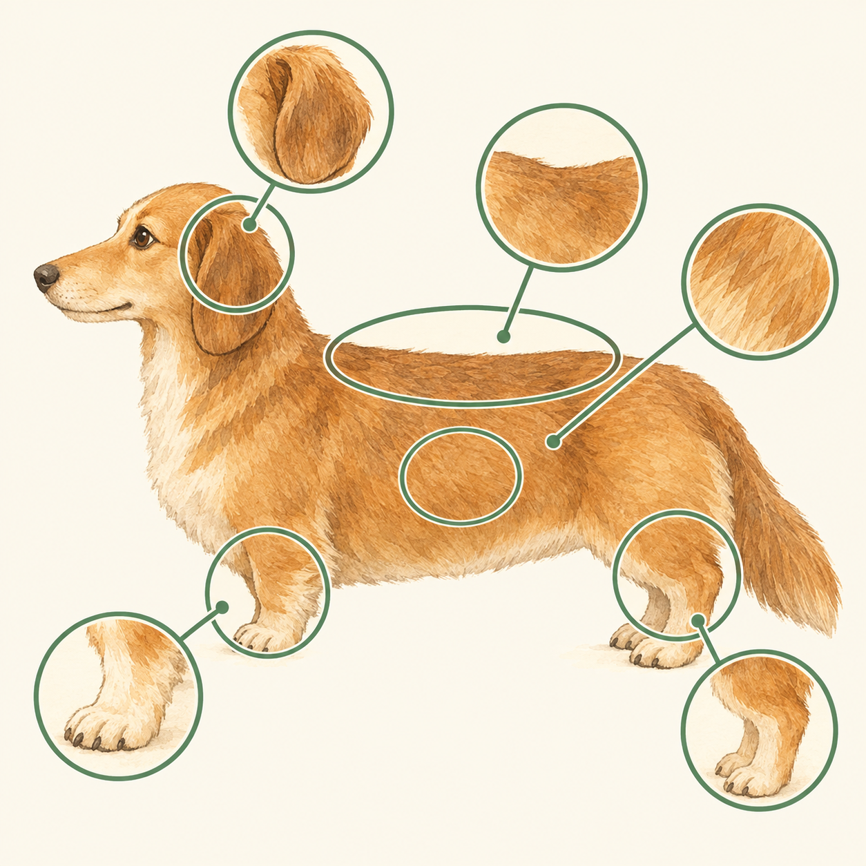 横向きに立つ犬のイラスト。耳、胴体、脚、被毛の4箇所に強調のマークが付けられている