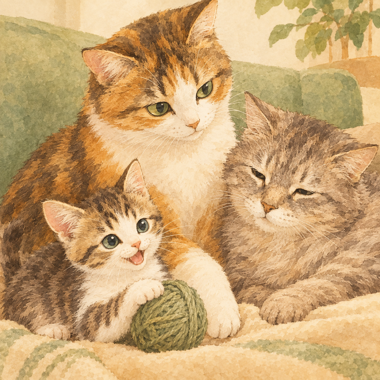 子猫・成猫・シニア猫の複数頭が同じ場所にいる風景。年齢の異なる猫それぞれが異なる栄養ニーズを持つ可能性を示す。