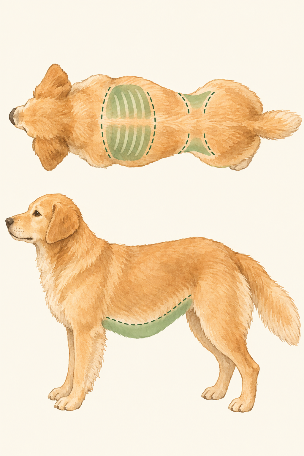犬の体型確認ポイント。上から見た肋骨と腰のくびれ、横から見た腹部の吊り上がりを示す図解