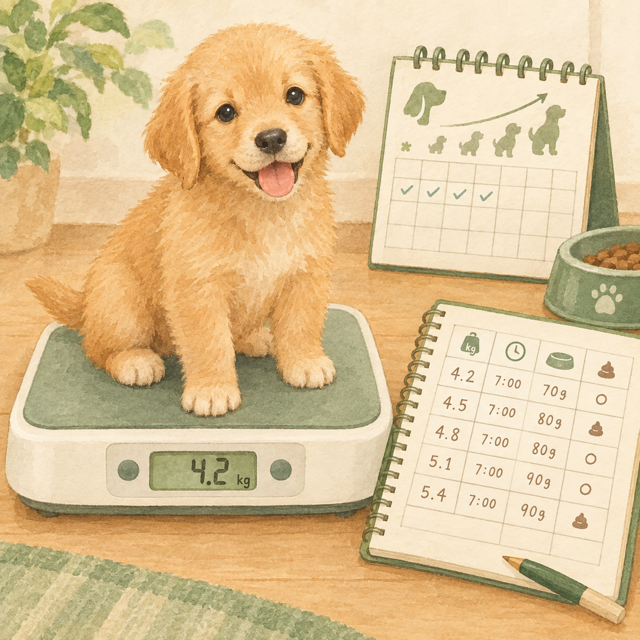 体重計の上に乗った小型犬と、その脇に体重と日付、食事量を記録するメモ帳。定期的に測定して記録することの大切さを示す。